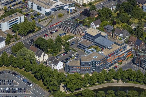 Aerial view, Sparkasse Ostring, scaffolding building Wilhelm-Schroeder-Straße 1, Mörs, Ruhr area,