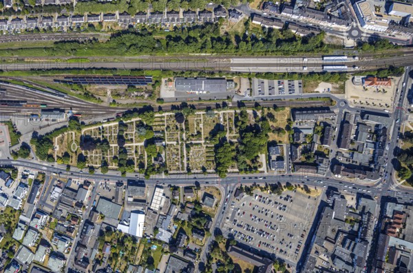 Aerial view, centre of Mörs, former goods station, railway tracks, cemetery Mörs, miners'