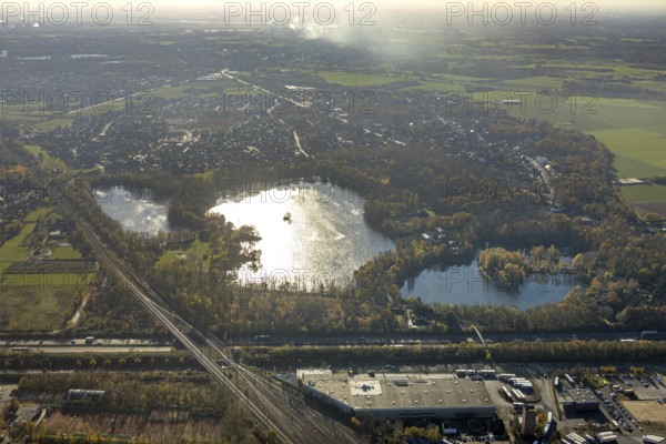 Aerial view, recreation area Schwafheim, mountain lake, Schwafheimer See, Moers-Schwafheim, Mörs,