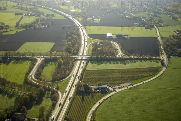 Aerial view, motorway A57, junction Moers-Kapellen, Kapellen-Achterathsheide, Mörs, Ruhr area,