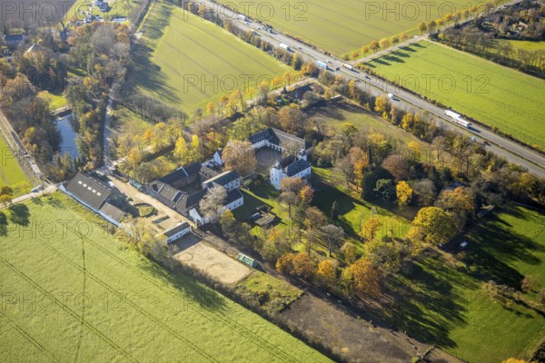 Aerial view, Lauersfort Castle, Kapellen-Holderberg, Mörs, Ruhr area, North Rhine-Westphalia,