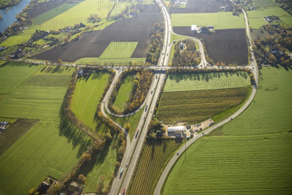 Aerial view, motorway A57, junction Moers-Kapellen, Kapellen-Achterathsheide, Mörs, Ruhr area,