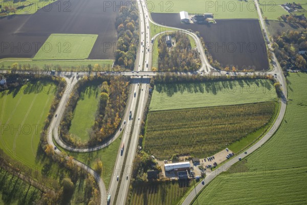 Aerial view, motorway A57, junction Moers-Kapellen, Kapellen-Achterathsheide, Mörs, Ruhr area,