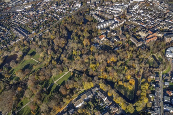 Aerial view, Mörs Castle Park, Mörs Castle, St. Joseph's Catholic Church, Employment Agency, Mörs,