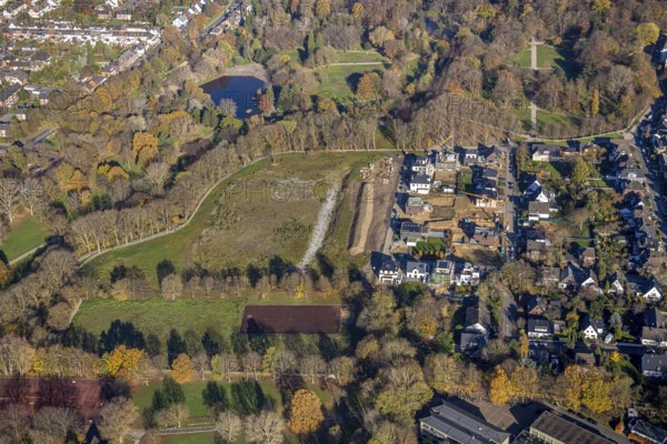 Aerial view, construction site new building An den Filder Benden, palace gardens Mörs, municipal
