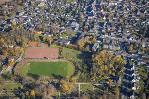 Aerial view, sports field Rheinpreußenstadion, Rheinkamp-Meerbeck, Mörs, Ruhr area, North