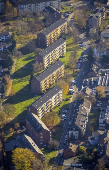 Aerial view, housing estate terraced houses Voßrather Straße, Mörs, Ruhr area, North