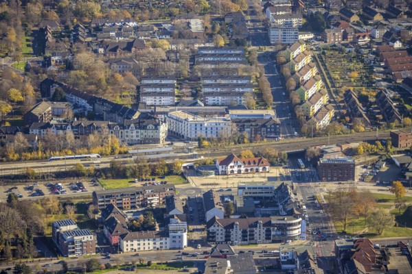 Aerial view, Mörs railway station, Homberger Straße to Klever Straße, Mörs residential and care