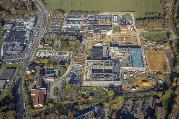 Aerial view, construction site, new school building, vocational college campus for technology Mörs,