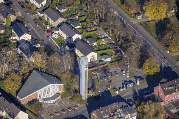 Aerial view, protestant church Meerbeck, Rheinkamp-Meerbeck, Mörs, Ruhr area, North