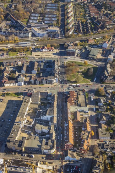 Aerial view, Mörs railway station, Augustastraße to Klever Straße, Mörs, Ruhr area, North