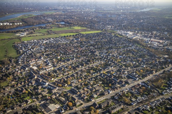 Aerial view, Colony Meerbeck and local view Rheinkamp-Meerbeck, river Rhine, Mörs, Ruhr area, North