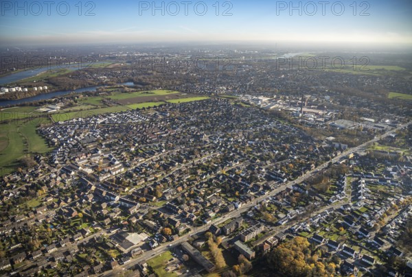 Aerial view, Colony Meerbeck and local view Rheinkamp-Meerbeck, river Rhine, Mörs, Ruhr area, North