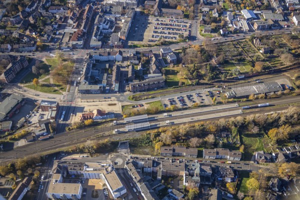 Aerial view, Mörs railway station, Homberger Straße to Klever Straße, Mörs, Ruhr area, North