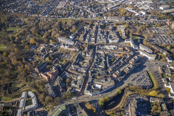 Aerial view, Old Town, Wall Centre, Mörs Town Hall, Protestant Town Church, house facades