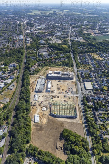 Aerial view, new building EDEKA administration building food retail beverage market, car park,