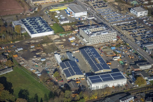 Aerial view, construction site, new building, industrial estate Hülsdonk, Am Jostenhof,