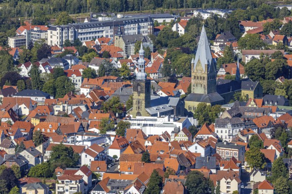 Aerial view, overview of Soest city centre with St. Patrokli Cathedral, St. Maria zur Wiese, St.