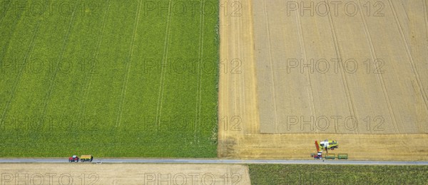 Aerial view, harvesting vehicles with straw bales in Ruploh, grain harvest, fields, Soest, Soester