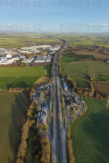 Aerial view, motorway A44, service area Soester Börde, industrial area Soest South-East,