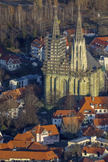 Aerial view, old town, protestant church Sankt Maria zur Wiese, renovation, Soest, Soester Börde,