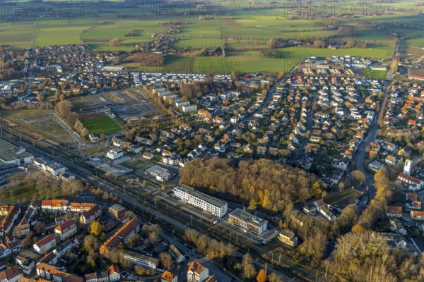 Aerial view, building site Werkstraße for commercial development, sports ground Jahnplatz, Soest,