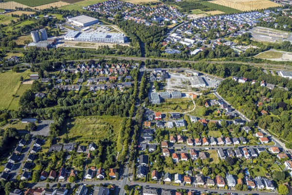 Aerial view, three residential buildings at the renaturalised Soestbach, former outdoor swimming