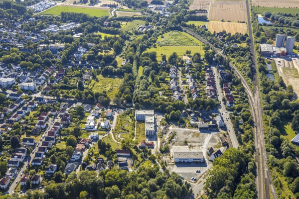 Aerial view, three residential buildings at the renaturalised Soestbach, former outdoor swimming