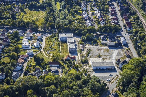 Aerial view, three residential buildings at the renaturalised Soestbach, former outdoor swimming