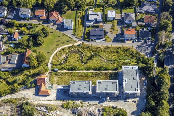 Aerial view, three residential buildings at the renaturalised Soestbach, former outdoor swimming