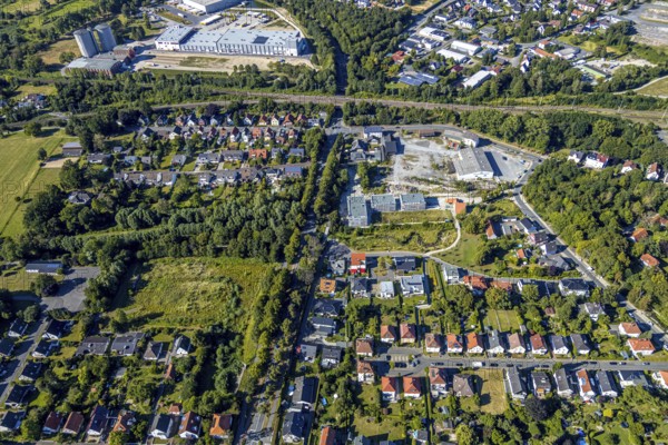 Aerial view, three residential buildings at the renaturalised Soestbach, former outdoor swimming