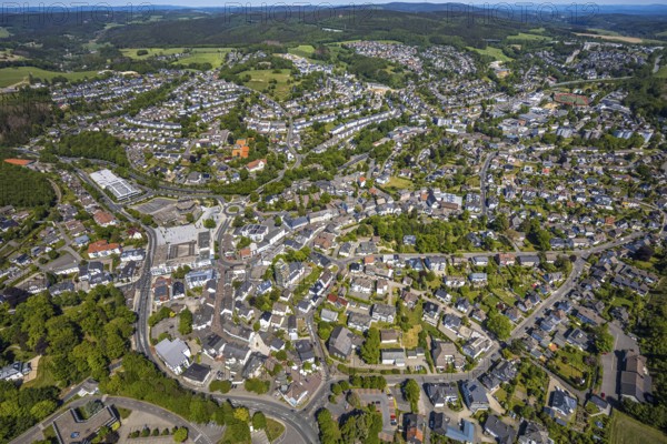 Aerial view, town view, town hall, construction site renovation Jesus-Christus-Kirche,