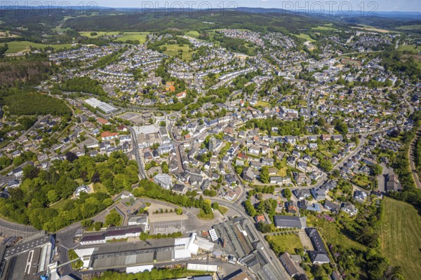 Aerial view, town view, town hall, construction site renovation Jesus-Christus-Kirche,