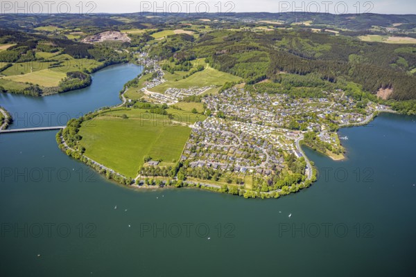 Aerial view, camping site Seeblick, holiday village Listersee, camping site Eckmann, Meinerzhagen,