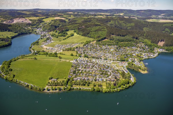 Aerial view, camping site Seeblick, holiday village Listersee, camping site Eckmann, Meinerzhagen,