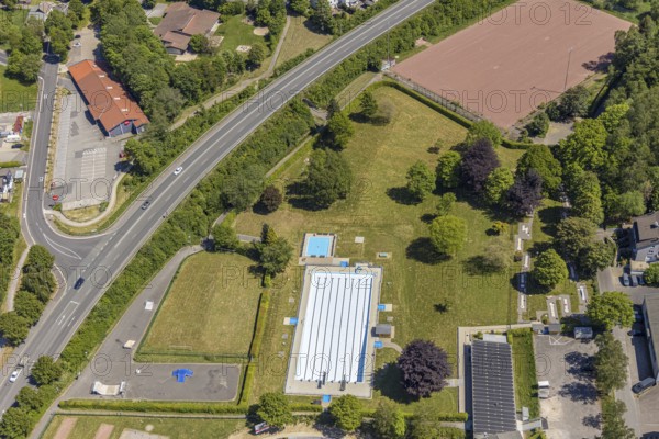 Aerial view, Meinerzhagener Freibadoase, Meinerzhagen, Märkischer Kreis, Sauerland, North