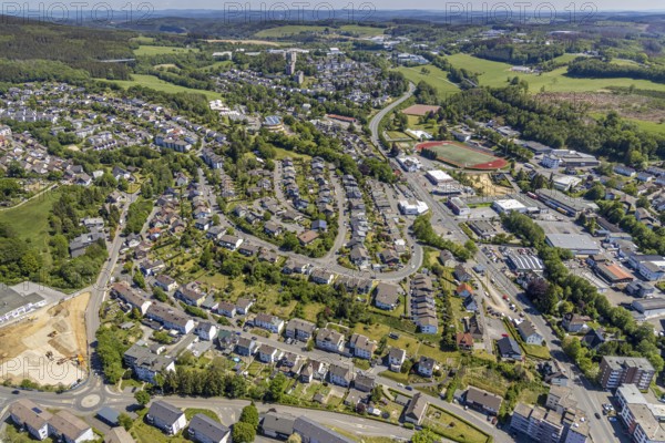 Aerial view, stadium, commercial area Oststraße, residential area Zum Rothenstein, school centre