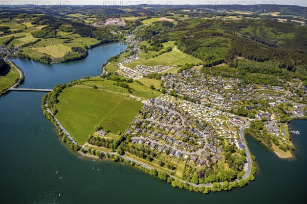 Aerial view, camping site Seeblick, holiday village Listersee, camping site Eckmann, Meinerzhagen,