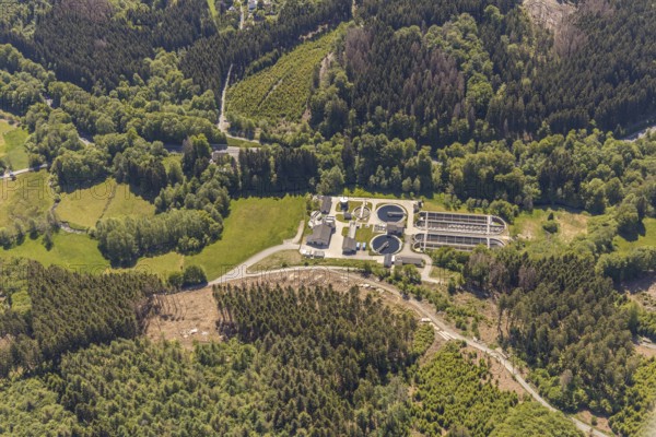 Aerial photograph, Marienheide sewage treatment plant, Meinerzhagen, Märkischer Kreis, Sauerland,