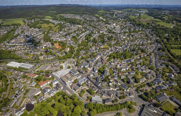 Aerial view, town view, town hall, construction site renovation Jesus-Christus-Kirche,