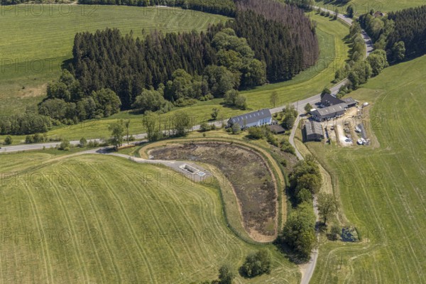 Aerial view, Neuenhaus, Gasthof Höll, dried up pond, Meinerzhagen, Märkischer Kreis, Sauerland,