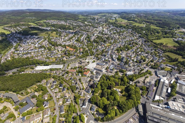 Aerial view, townscape, Volkspark, Meinerzhagen town hall, Wilhelm-Langemann-Haus nursing home,