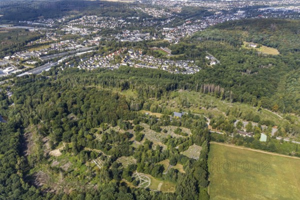 Aerial view, forest cemetery Am Limberg, view of Rauherfeld and Menden, Menden, Sauerland,