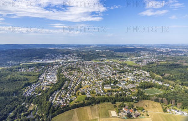 Aerial view, view of Lendringsen, Bieberhof boarding stable, Menden, Sauerland, Märkischer Kreis,