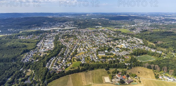 Aerial view, view of Lendringsen, Bieberhof boarding stable, Menden, Sauerland, Märkischer Kreis,