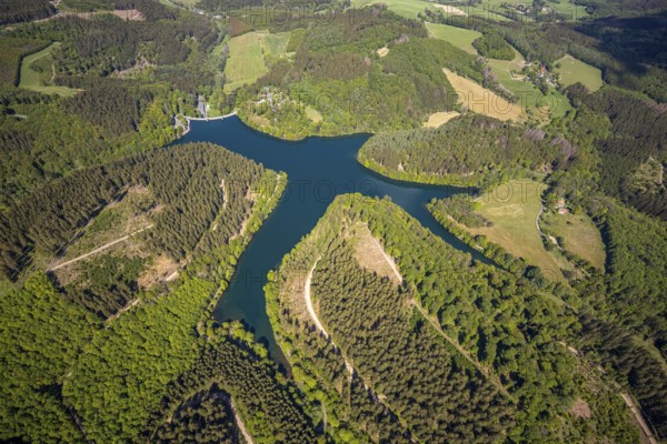 Aerial view, Fürwiggetalsperre, Meinerzhagen, Märkischer Kreis, Sauerland, North Rhine-Westphalia,