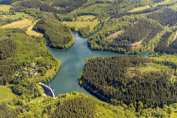 Aerial view, Fürwiggetalsperre, Meinerzhagen, Märkischer Kreis, Sauerland, North Rhine-Westphalia,