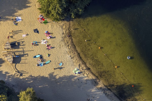 Aerial view, Alberssee, lido, bathers, Rebbeke, Lippstadt, Soest district, North Rhine-Westphalia,