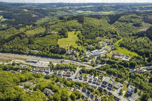 Aerial view, Brügge district, Lüdenscheid-Brügge railway station, Lüdenscheid fire brigade, Brügge