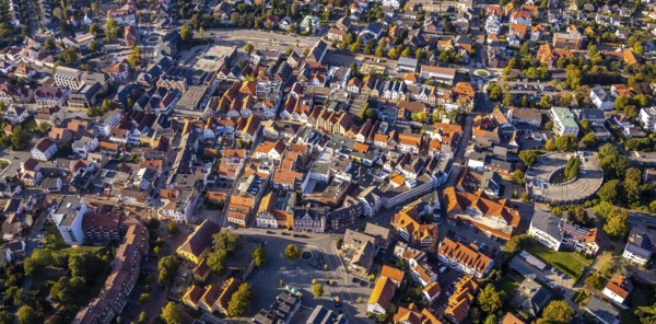 Aerial view, city centre, old town hall, Am Markt, fire defence tower, beer fountain, Lübbecke,
